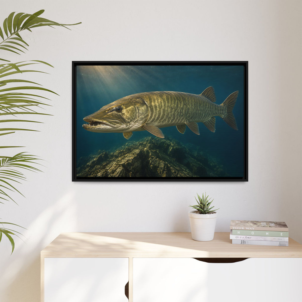 Golden Backlit Muskie Profile framed canvas hanging in a living room