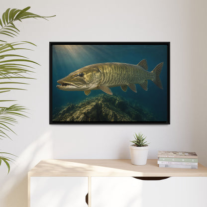 Golden Backlit Muskie Profile framed canvas hanging in a living room