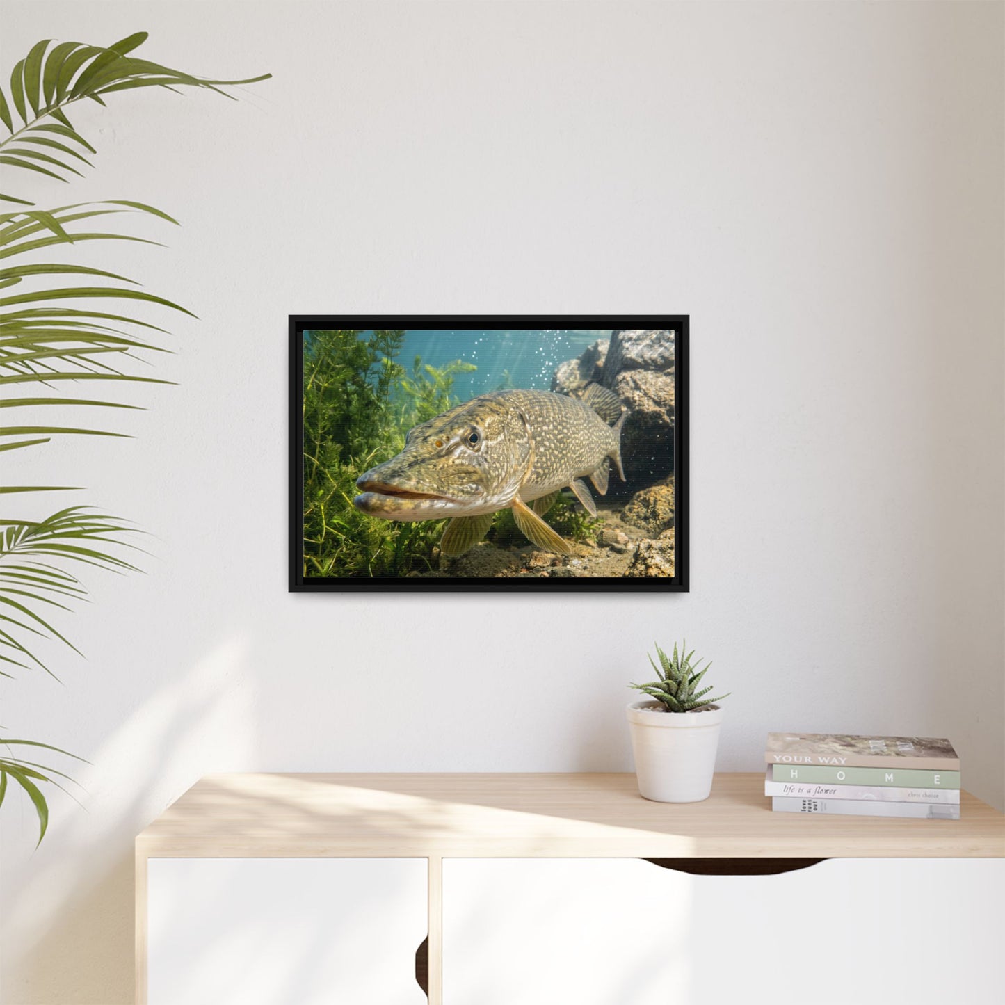 Northern Pike Clear Water Portrait Framed Canvas — Limited Edition Wall Art for Anglers