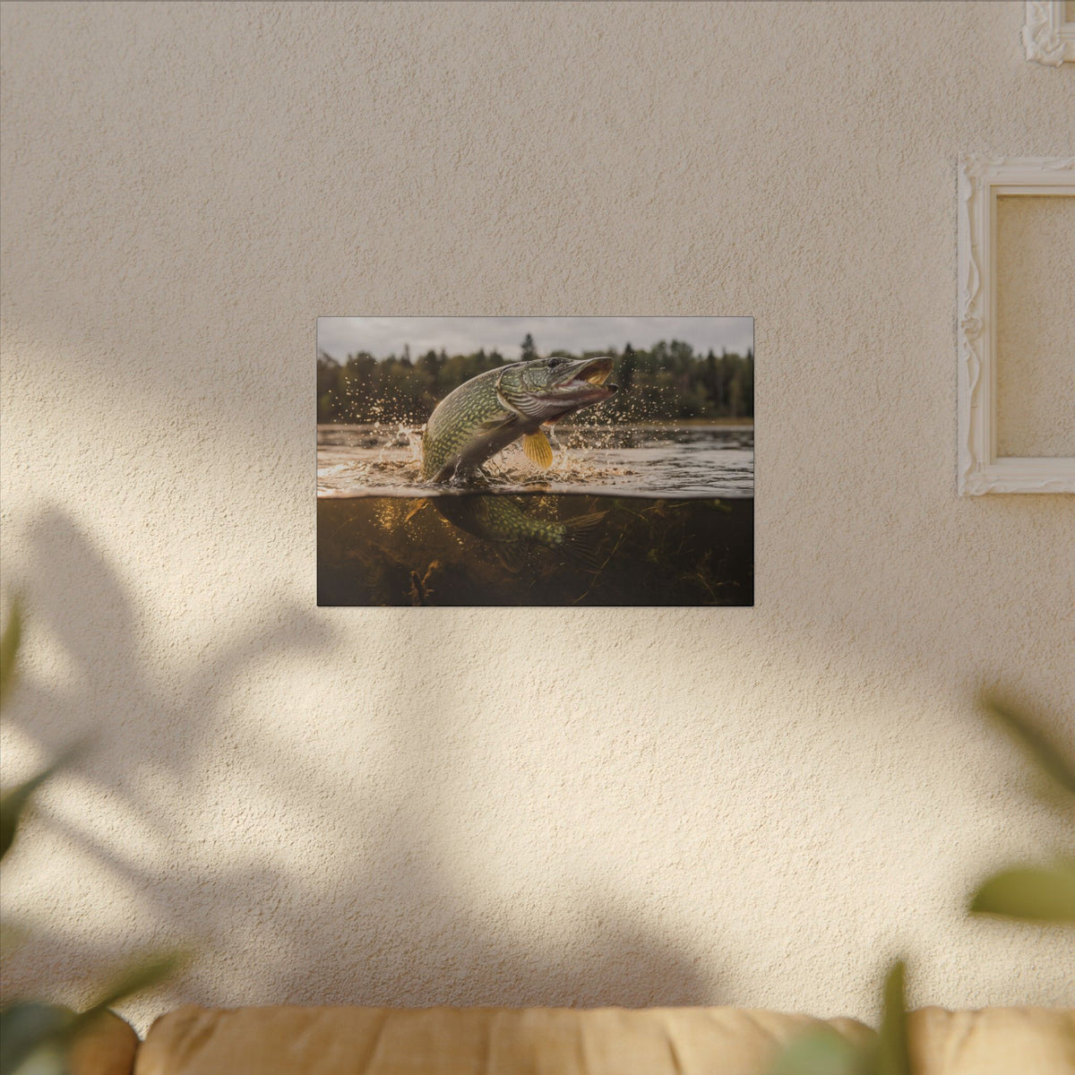Boatside Battle Northern Pike canvas hanging in a living room