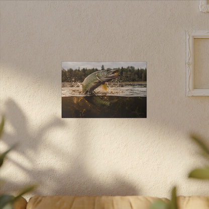 Boatside Battle Northern Pike canvas hanging in a living room