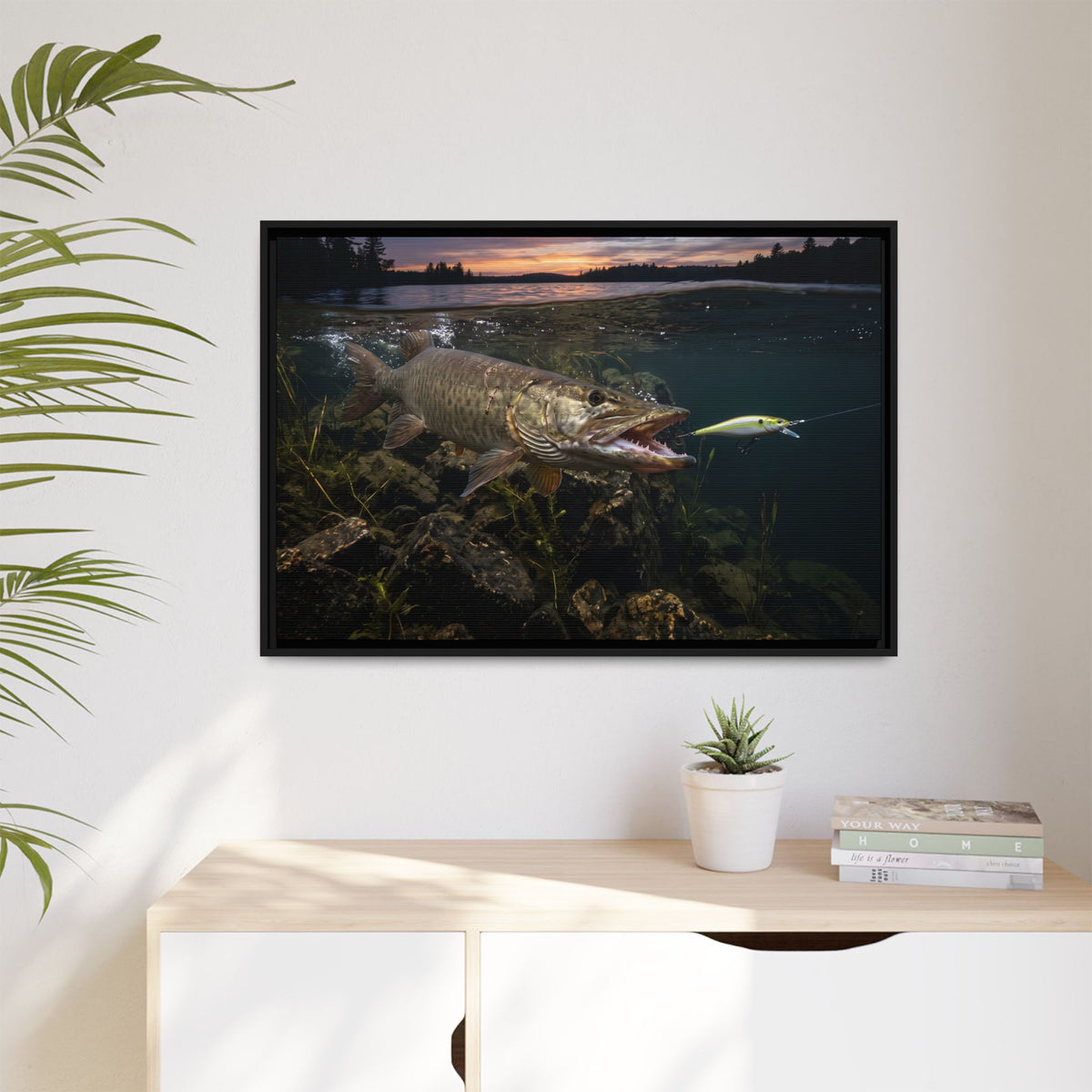 Chartreuse Sunset Jerkbait Strike Muskie framed canvas hanging in a living room