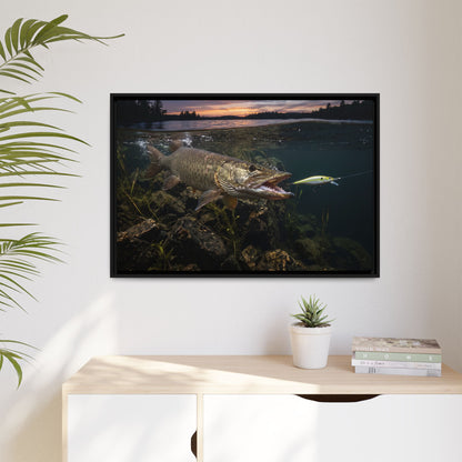 Chartreuse Sunset Jerkbait Strike Muskie framed canvas hanging in a living room