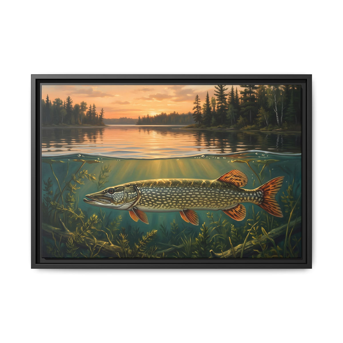 Northwoods Over-Under Northern Pike framed canvas, 36x24 size view