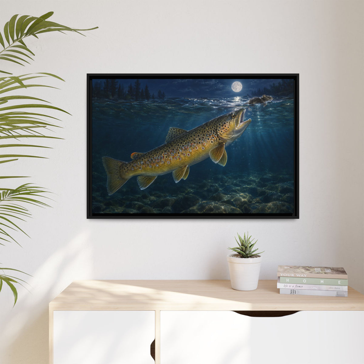 Midnight Mouse Brown Trout framed canvas hanging in a living room