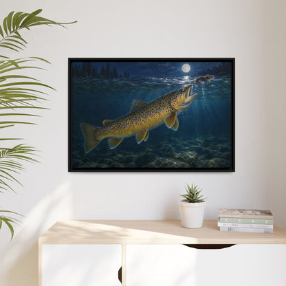 Midnight Mouse Brown Trout framed canvas hanging in a living room