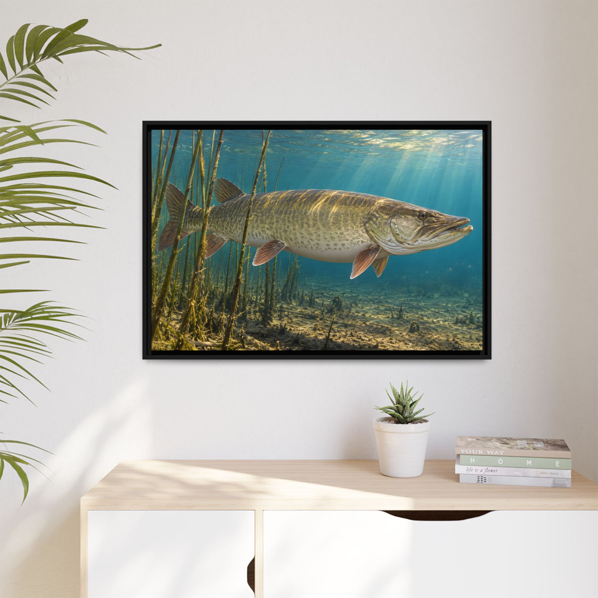 Reed Bed Cruiser Muskie framed canvas hanging in a living room