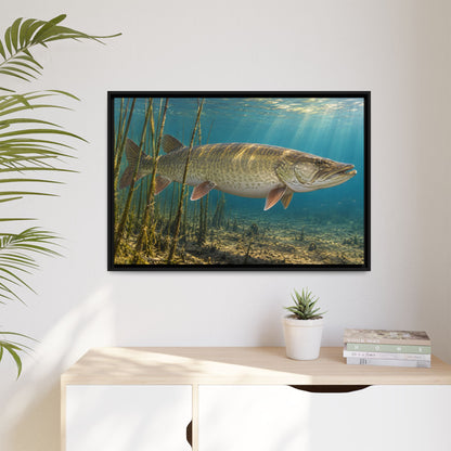 Reed Bed Cruiser Muskie framed canvas hanging in a living room