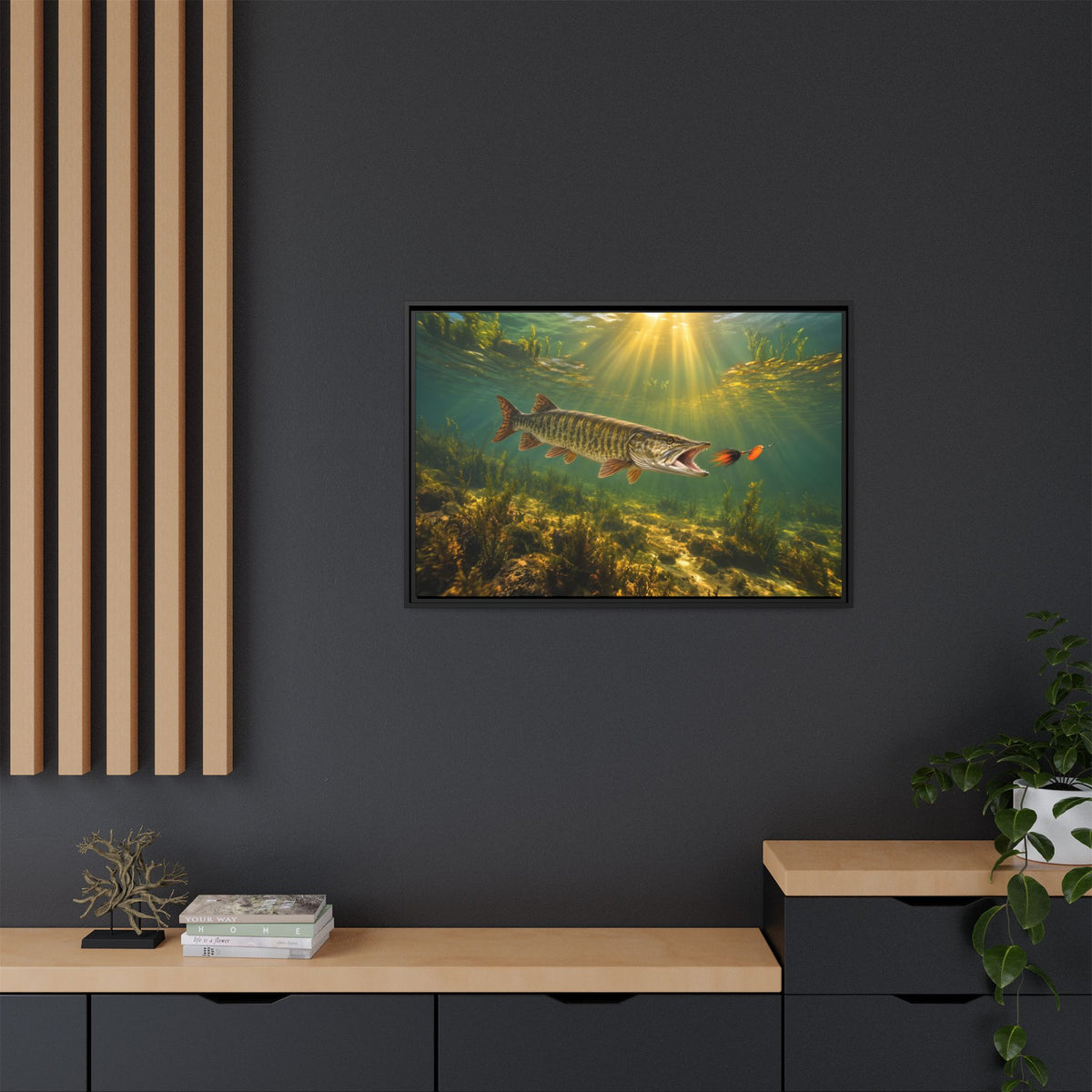 Bucktail Strike Muskie framed canvas in a home office