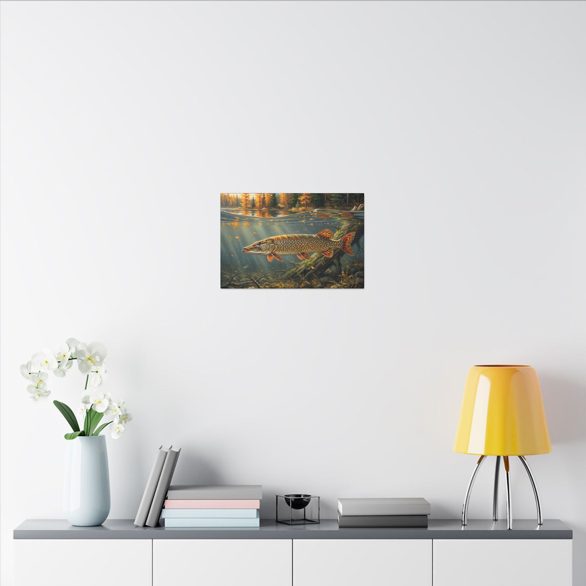 Tamarack Gold Northern Pike canvas in a home office