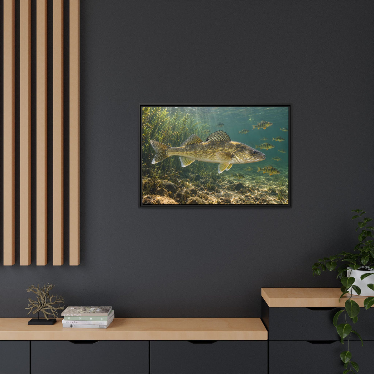 Perch School Ambush Walleye framed canvas in a home office