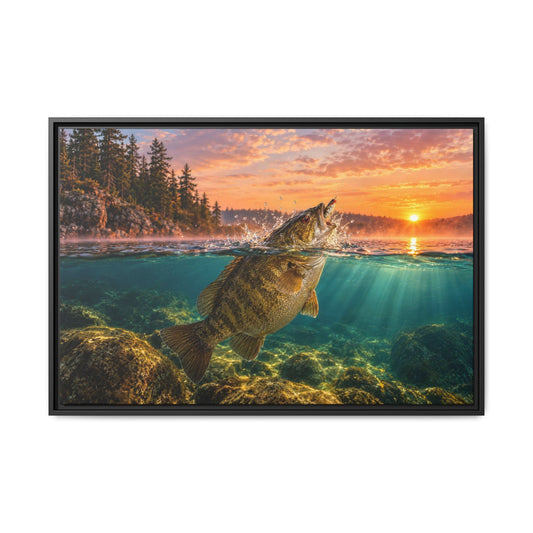 Smallmouth bass bursting through the surface on a popper at misty dawn, framed fishing wall art canvas
