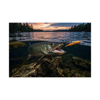 Sunset Jerkbait Strike Muskie Poster — Trophy Underwater Wall Art for Anglers