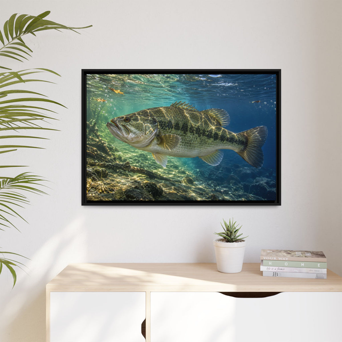 Blue-Green Current Seam Largemouth Bass framed canvas hanging in a living room