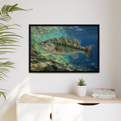 Blue-Green Current Seam Largemouth Bass framed canvas hanging in a living room