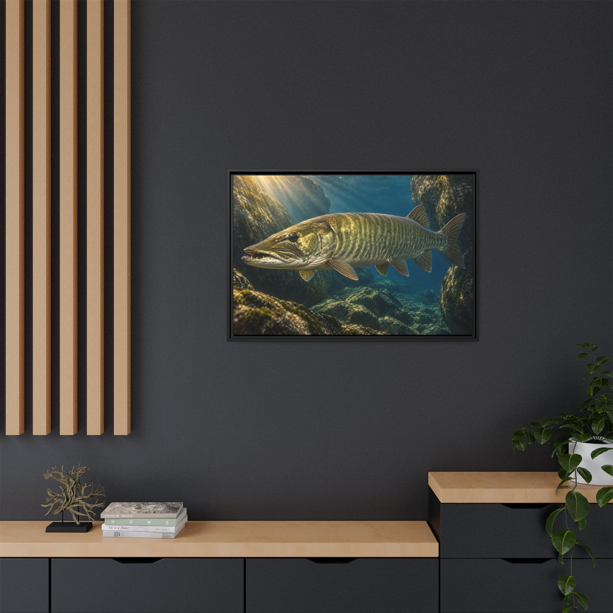 Boulder Cave Ambush Muskie framed canvas in a home office