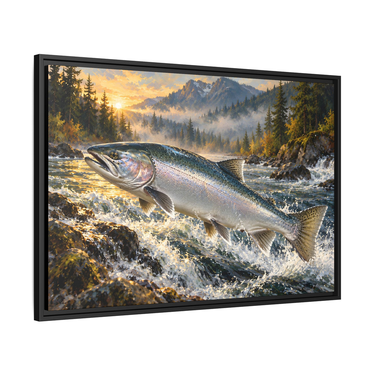 Silver Run Coho Salmon framed canvas, side angle