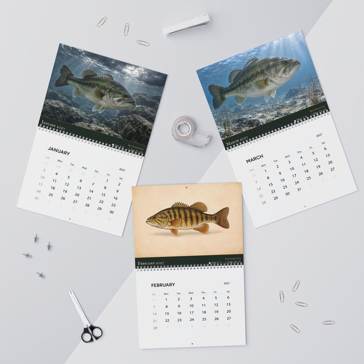 2027 Bass Wall Calendar — Largemouth & Smallmouth Fish Art with Best Fishing Days