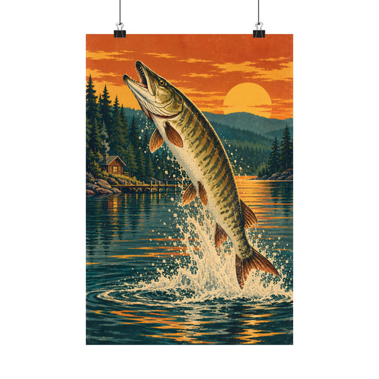 Muskie Sunset Leap Vintage vertical poster wall art, 12x18 size view