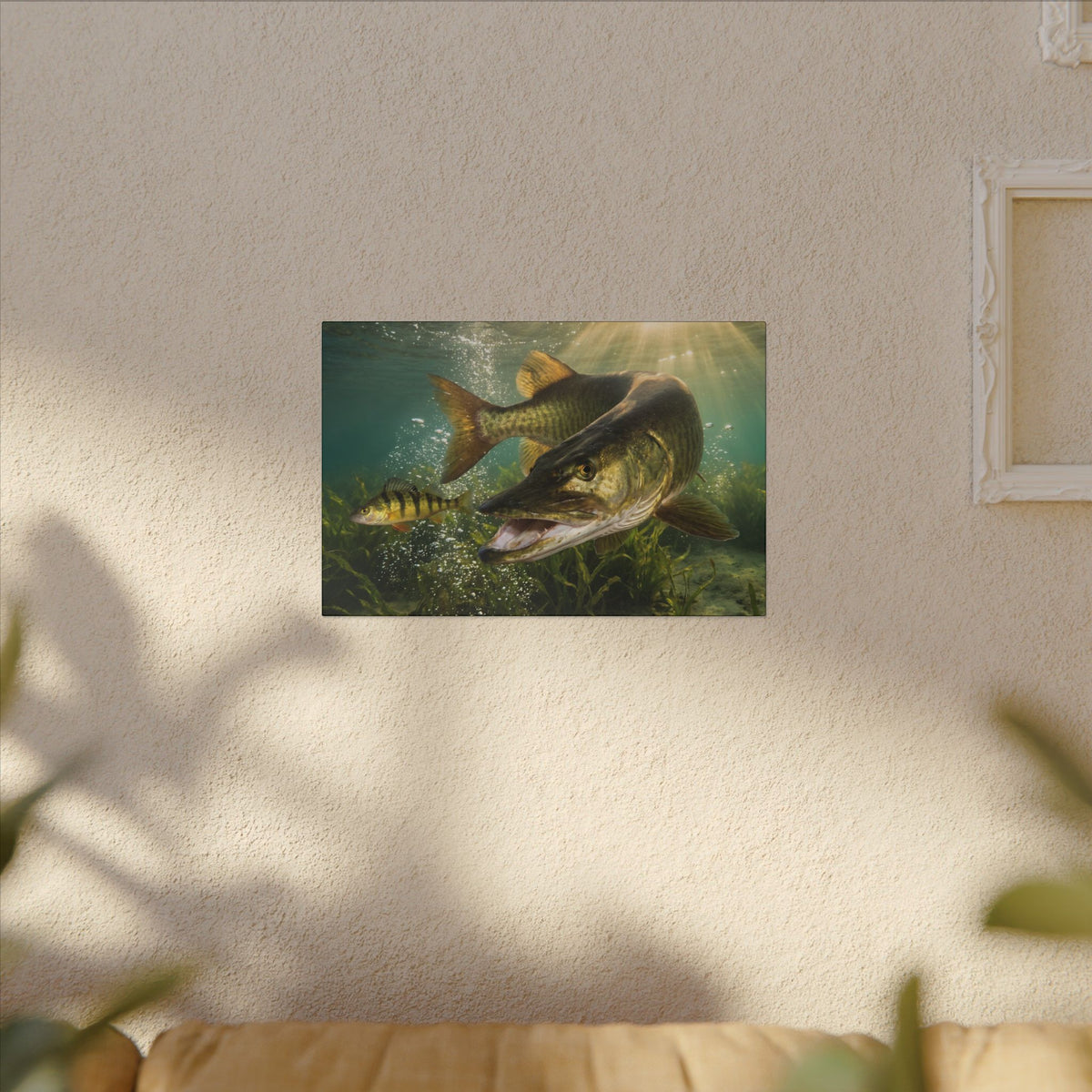 Yellow Perch Chase Muskie canvas hanging in a living room