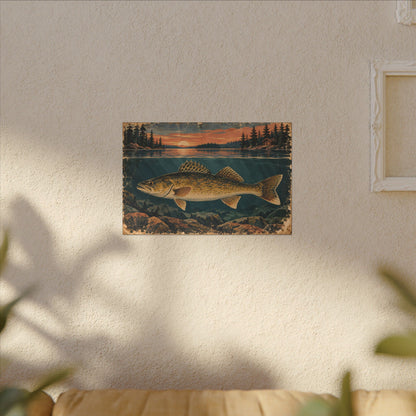 Vintage Lodge Poster Walleye canvas hanging in a living room