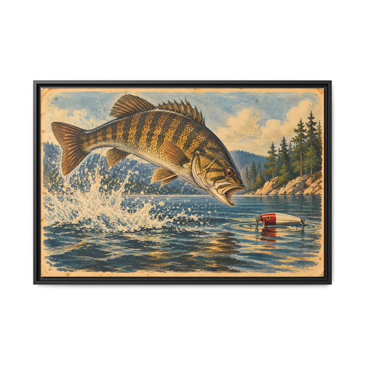 Old sporting-ad style art of a smallmouth leaping at a wooden topwater plug, fishing wall art framed canvas