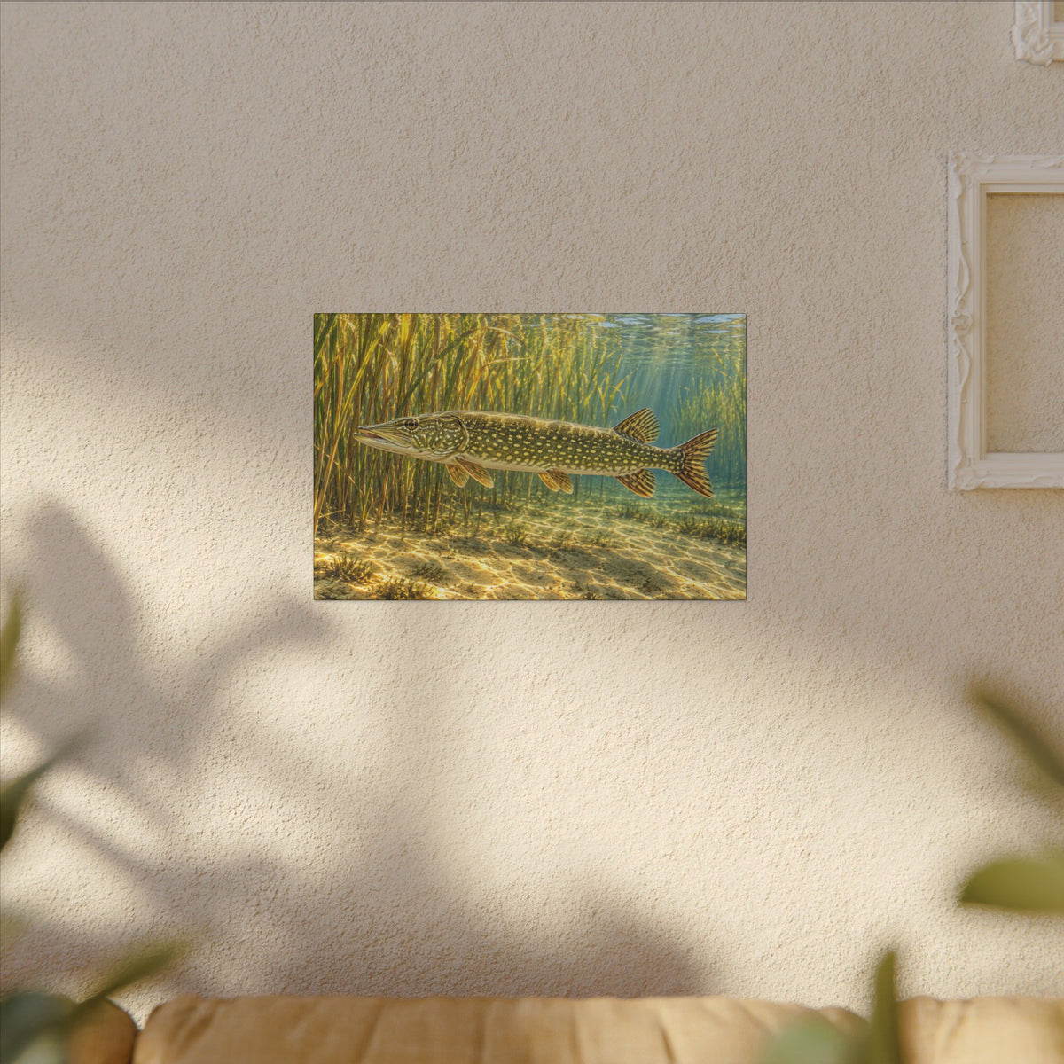 Sunlit Reed Edge Northern Pike canvas hanging in a living room