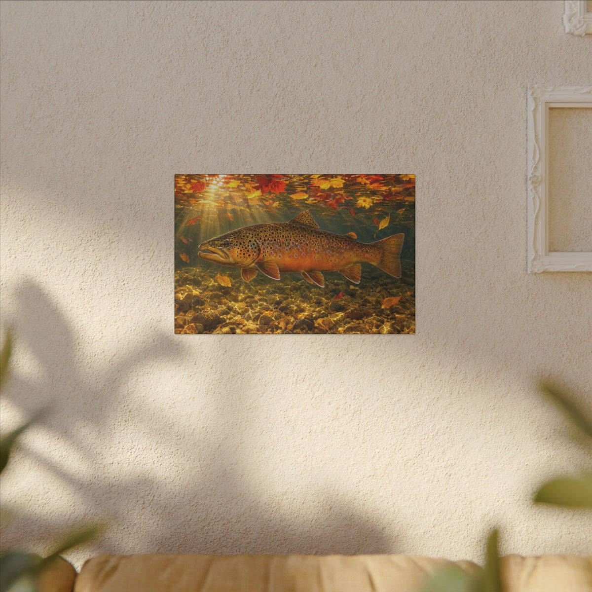 October Kype Brown Trout canvas hanging in a living room