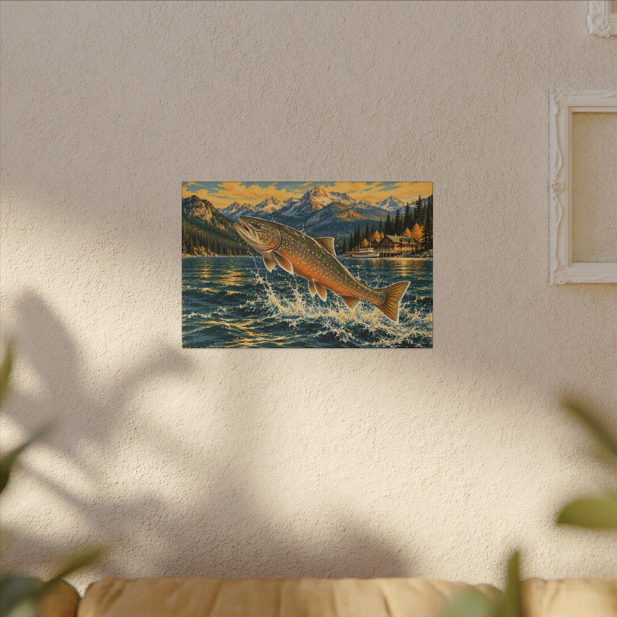 Northern Lake Lodge Bull Trout canvas hanging in a living room