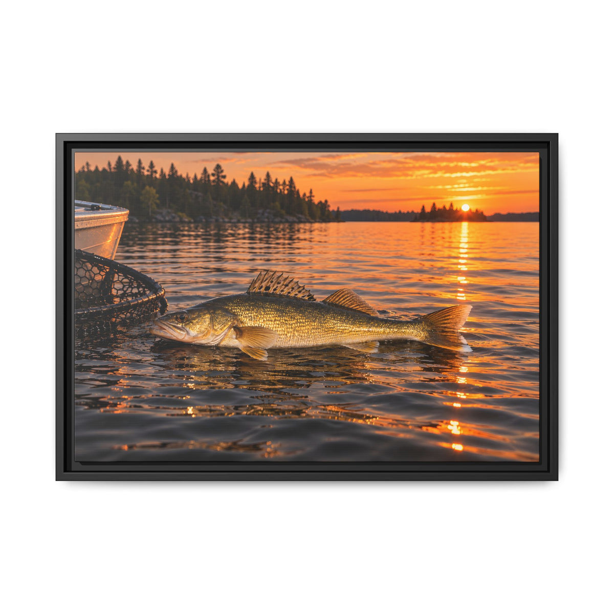 Boatside Golden Hour Walleye framed canvas, 36x24 size view