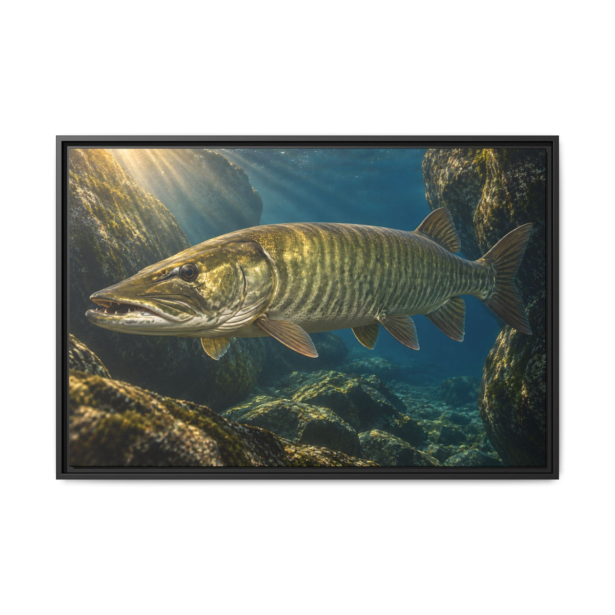 Boulder Cave Ambush Muskie framed canvas, 18x12 size view