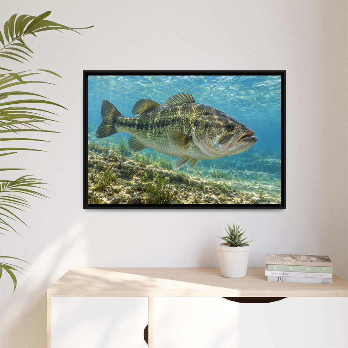 Aqua After the Wind Largemouth Bass framed canvas hanging in a living room