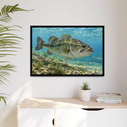 Aqua After the Wind Largemouth Bass framed canvas hanging in a living room