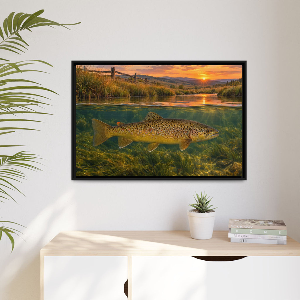 Meadow Over-Under Brown Trout framed canvas hanging in a living room
