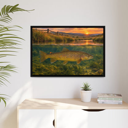 Meadow Over-Under Brown Trout framed canvas hanging in a living room