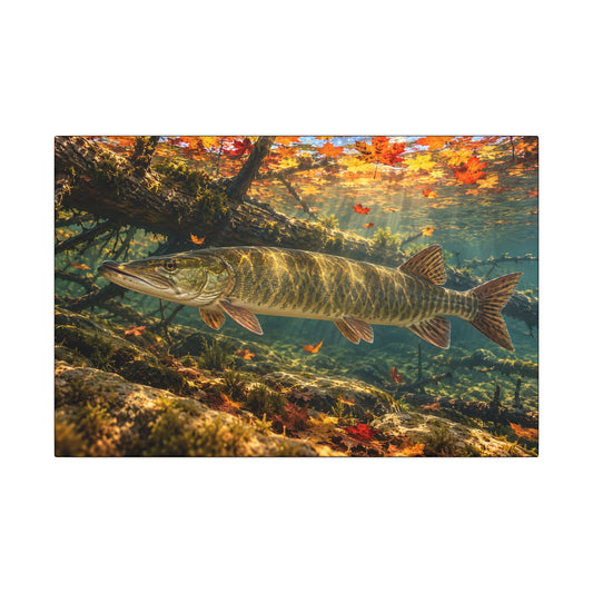 A big muskie waits by a sunken tree under floating red and orange maple leaves, fishing wall art canvas