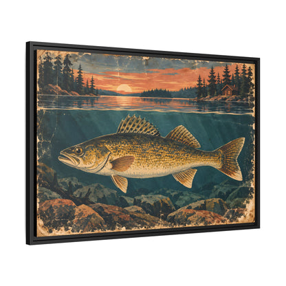 Vintage Lodge Poster Walleye framed canvas side angle