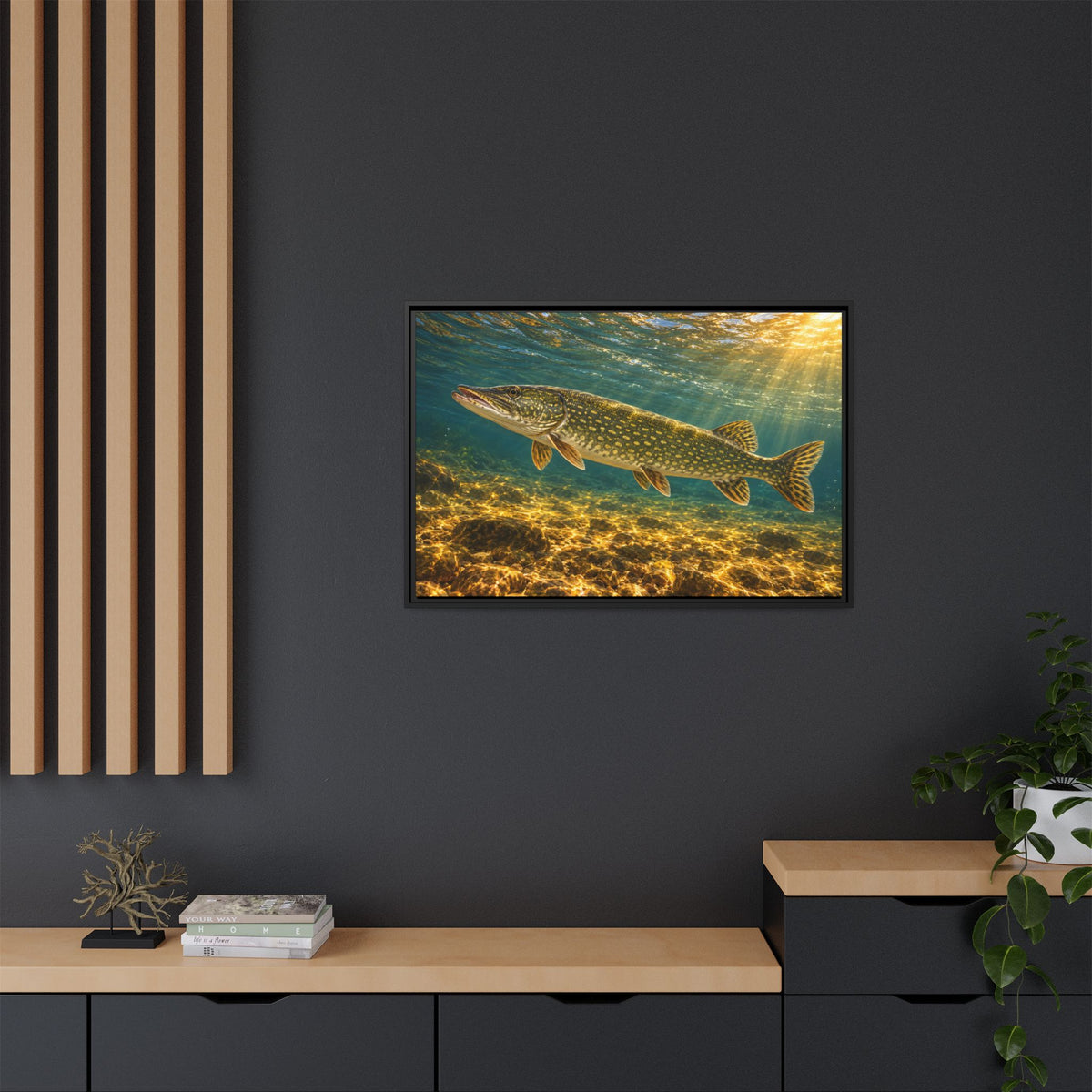 Golden Current Northern Pike framed canvas in a home office