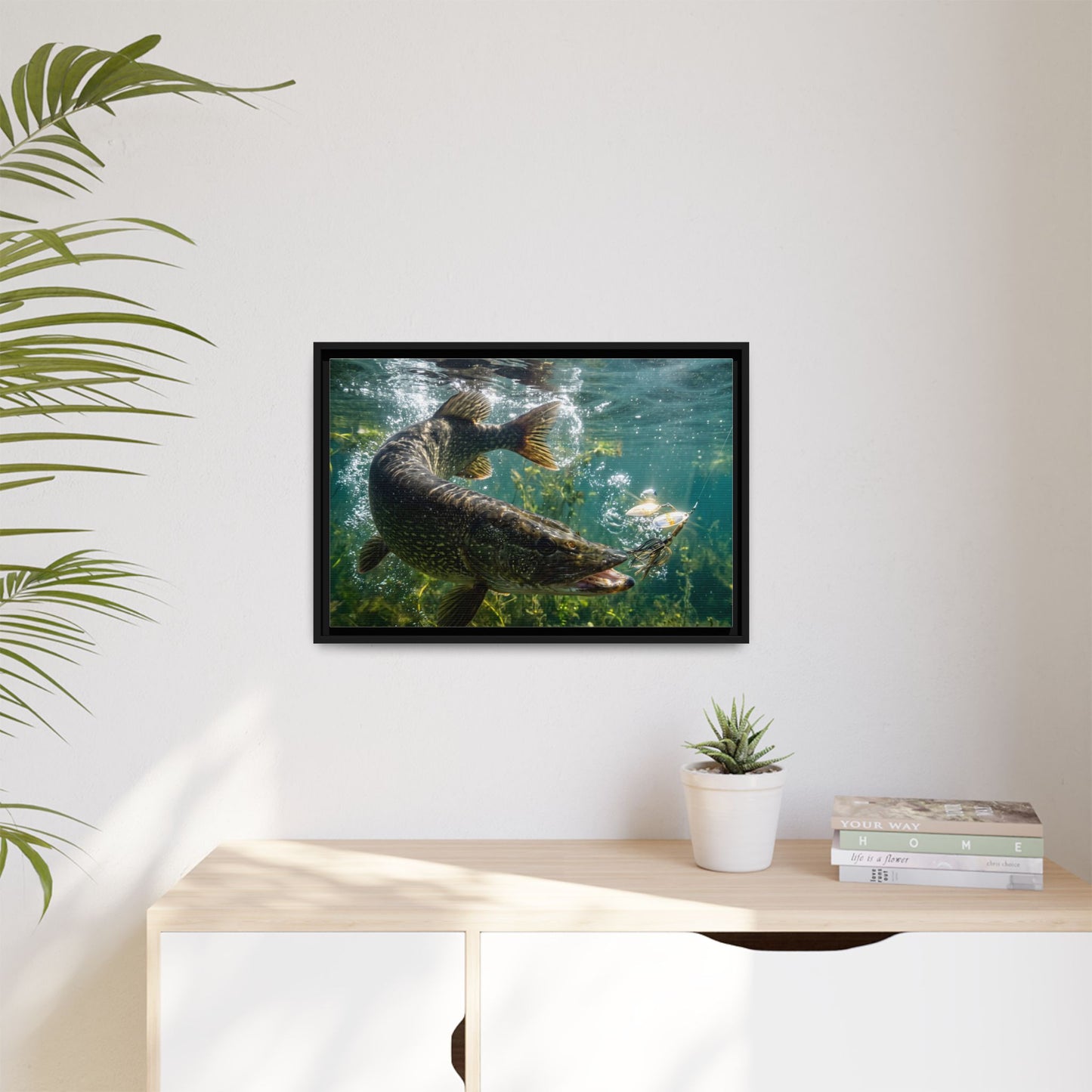 Northern Pike Spinnerbait Strike Framed Canvas — Ready-to-Hang Wall Art for Anglers