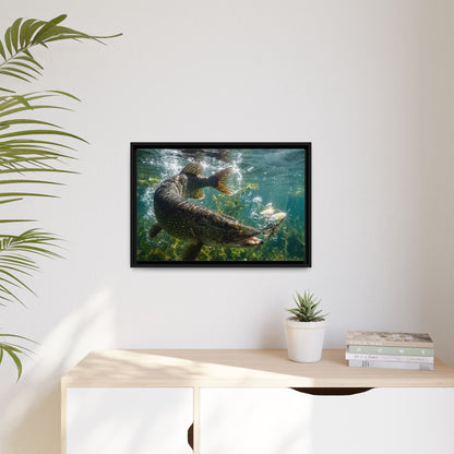 Northern Pike Spinnerbait Strike Framed Canvas — Ready-to-Hang Wall Art for Anglers