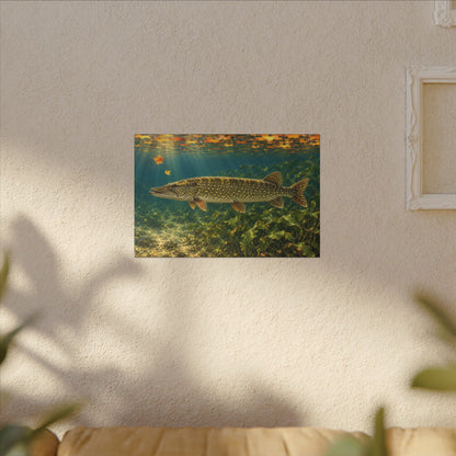Autumn Cabbage Northern Pike canvas hanging in a living room