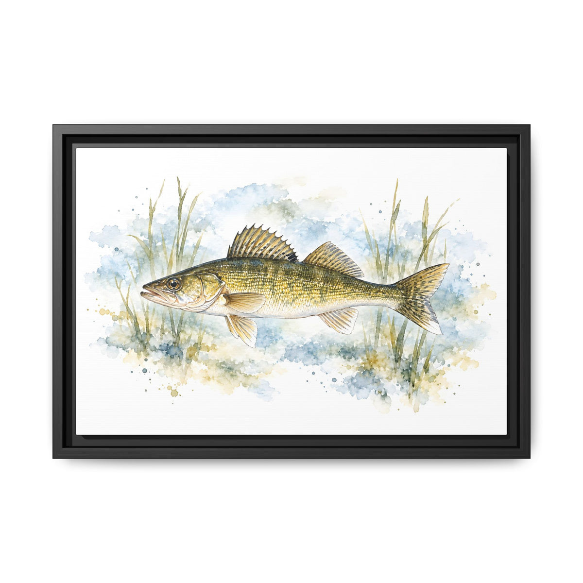 Watercolor Reeds Walleye framed canvas, 24x16 size view