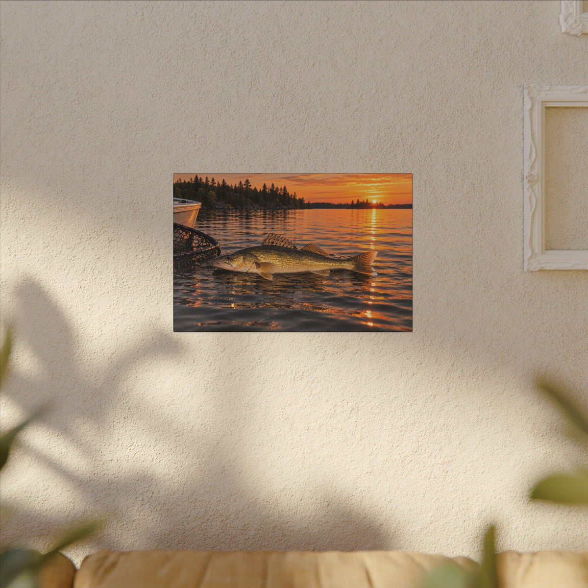 Boatside Golden Hour Walleye canvas hanging in a living room