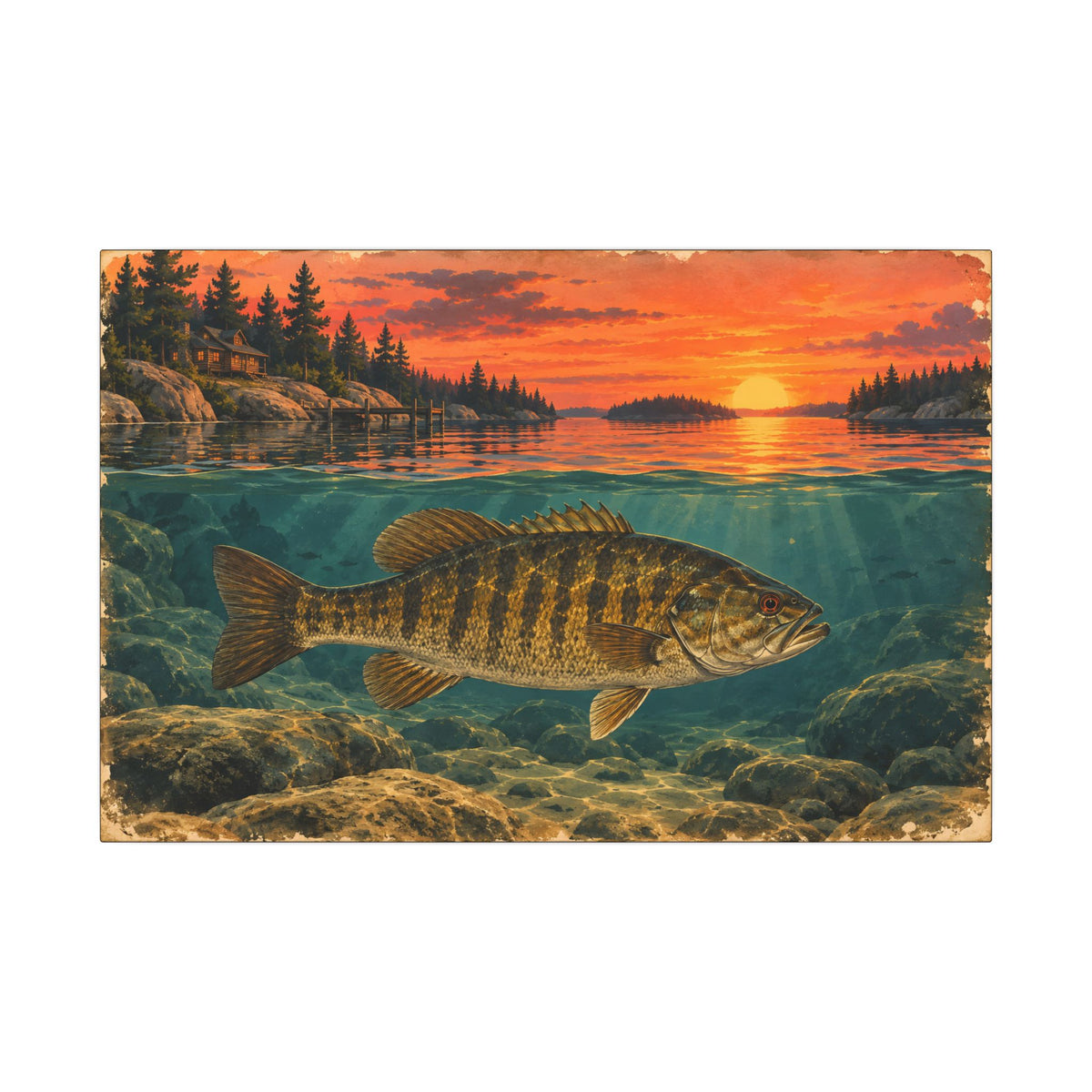 Vintage Sunset Lake Smallmouth Canvas wall art, view 2