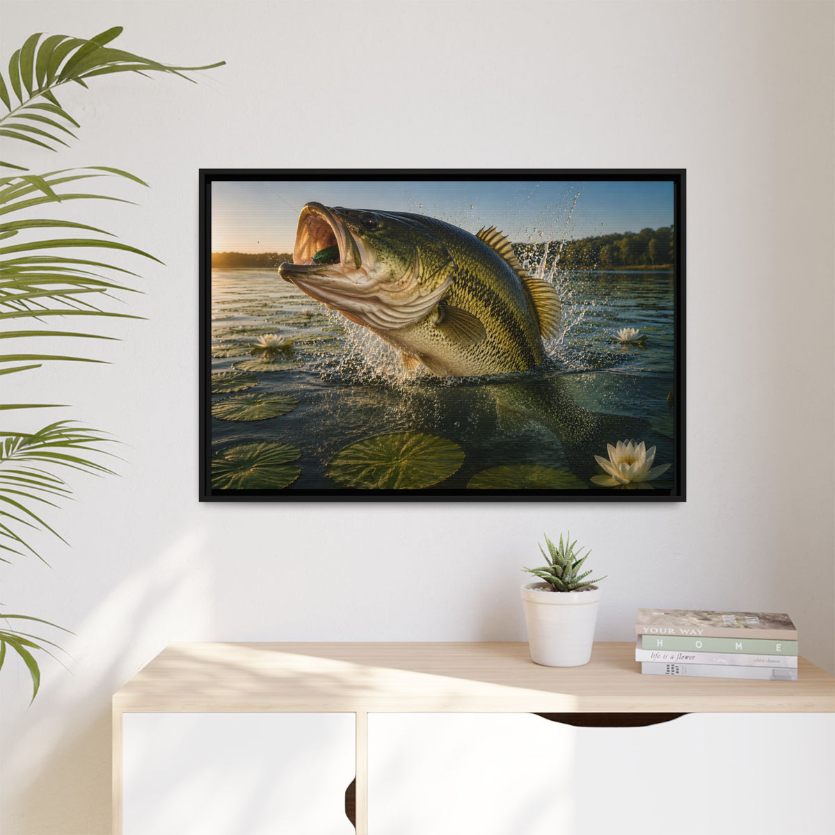 Lily Pad Explosion Largemouth Bass framed canvas hanging in a living room