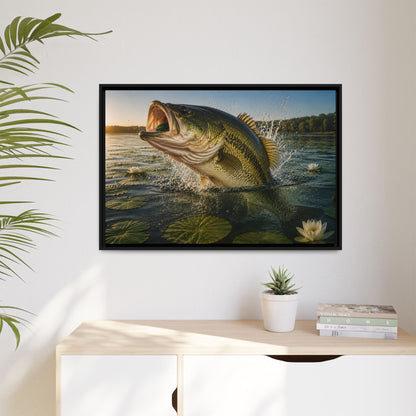 Lily Pad Explosion Largemouth Bass framed canvas hanging in a living room