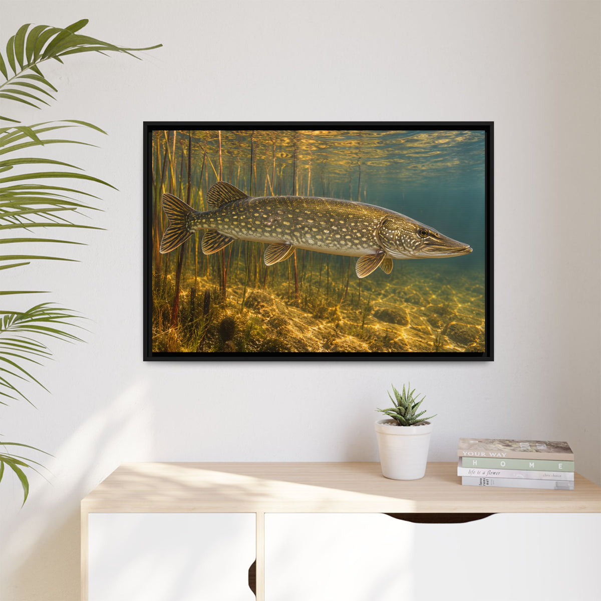 Amber Reed Sentinel Northern Pike framed canvas hanging in a living room