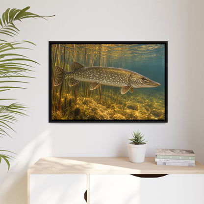 Amber Reed Sentinel Northern Pike framed canvas hanging in a living room