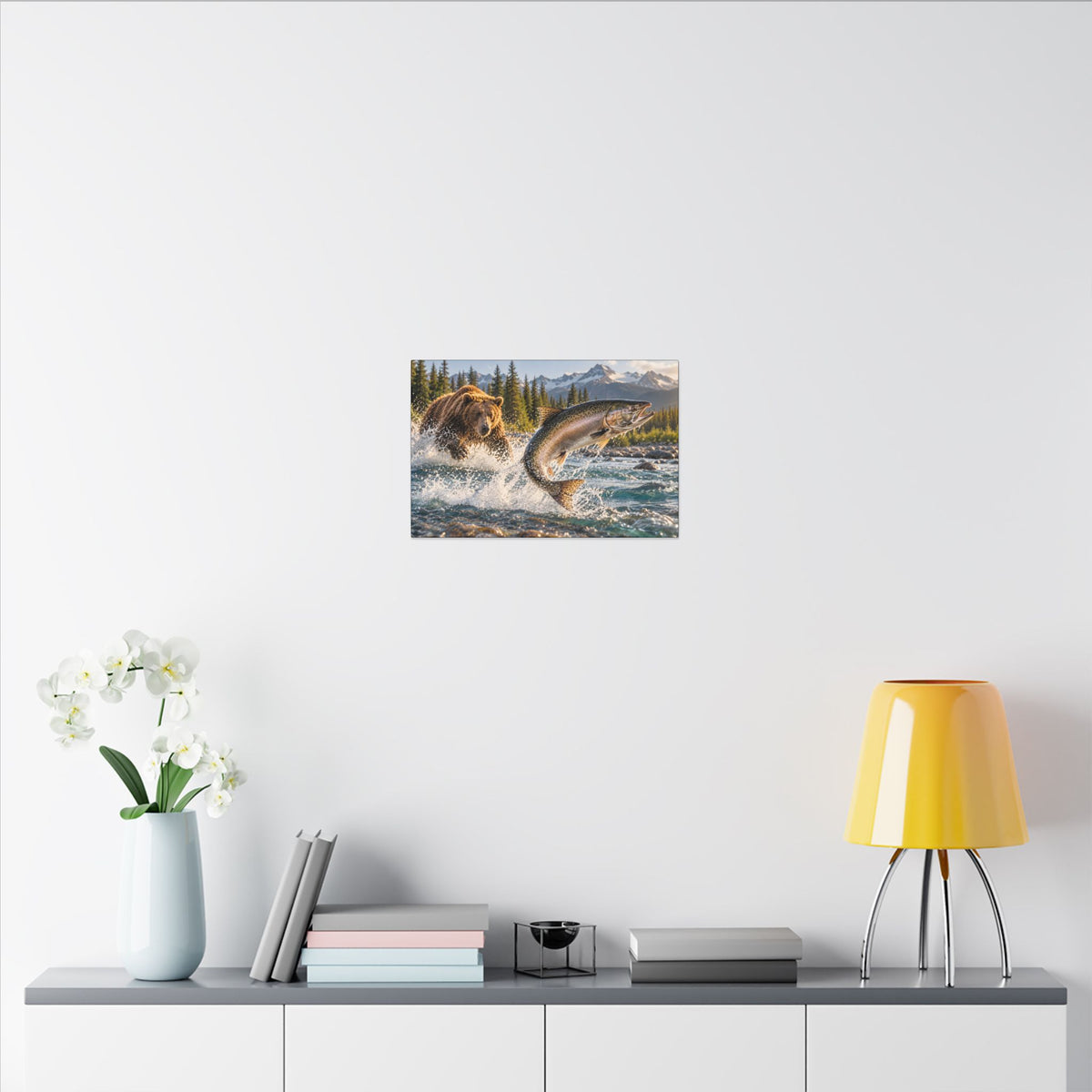 Grizzly Bear and Leaping Salmon canvas wall art, view 6