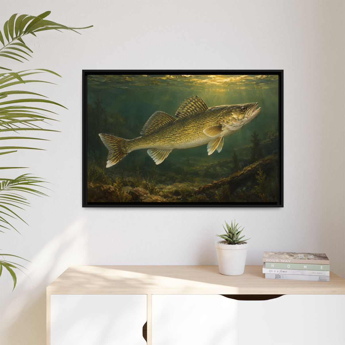 Classic Sporting Oil Walleye framed canvas hanging in a living room